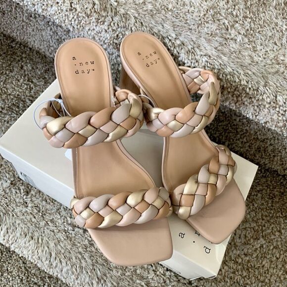 New Metallic Beige & Gold Braided Block Basil Mule Heels Open Toe Sandals - Picture 4 of 12